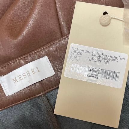 NEW Meshki Tyra Women's Brown High Rise Faux Leather Vegan Straight Trousers S