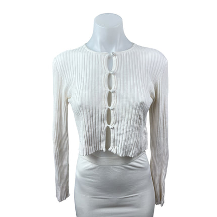 Urban Outfitters White Ribbed Knit Long Sleeve Button Down Sweater Crop Top Sz L