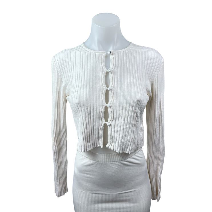 Urban Outfitters White Ribbed Knit Long Sleeve Button Down Sweater Crop Top Sz L
