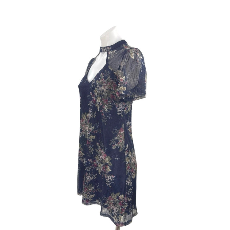 Blue Rain Women's Floral Sheer Flutter Sleeve Cut Out Midi A-Line Shift Dress S