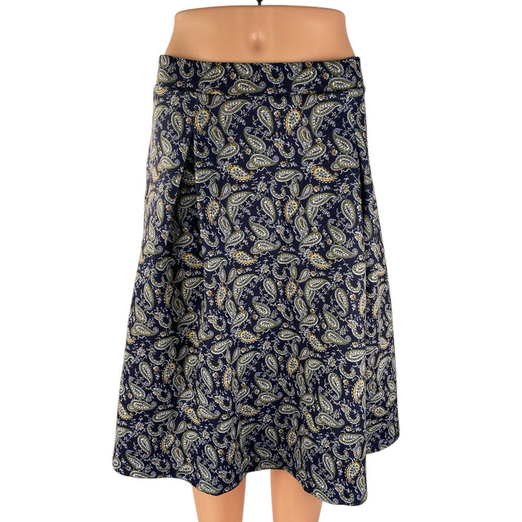 Stradivarius Women's Navy Blue Paisley Print Flowy Midi Flare A-Line Skirt Sz M