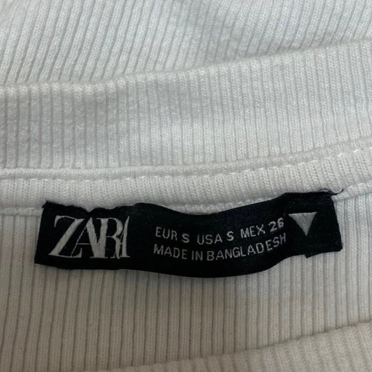 Zara Women's White Ruffle Sleeveless Ribbed Knit Blouse Crewneck Crop Top Size S