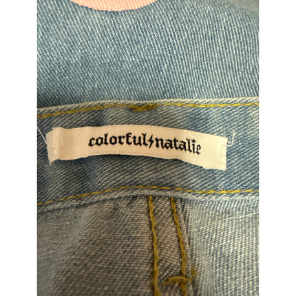 Colorful Natalie Blue Pink Hearts High Waisted Baggy Wide Leg Denim Jeans Size L