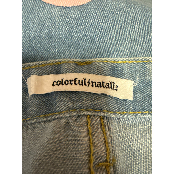 Colorful Natalie Blue Pink Hearts High Waisted Baggy Wide Leg Denim Jeans Size L