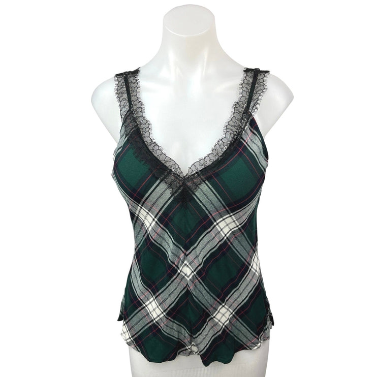 Zara Green White Plaid Lace Trim Ruffle V Neck Sleeveless Tank Top Size S