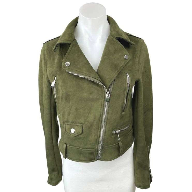 Zara Olive Green Suede Asymmetrical Zip Up Crop Moto Biker Jacket Blazer Coat XS