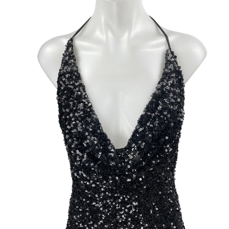 NEW Fashion Nova Black Sequin Halter Plunge Sleeveless Slit Sheath Mini Dress S