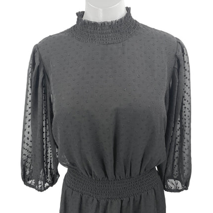 Nanette Lepore Black Half Sleeve Swiss Dot Mock Neck Fit & Flare Maxi Brie Nanette Lepore Black Half Sleeve Swiss Dot Mock Neck Fit & Flare Maxi Brie