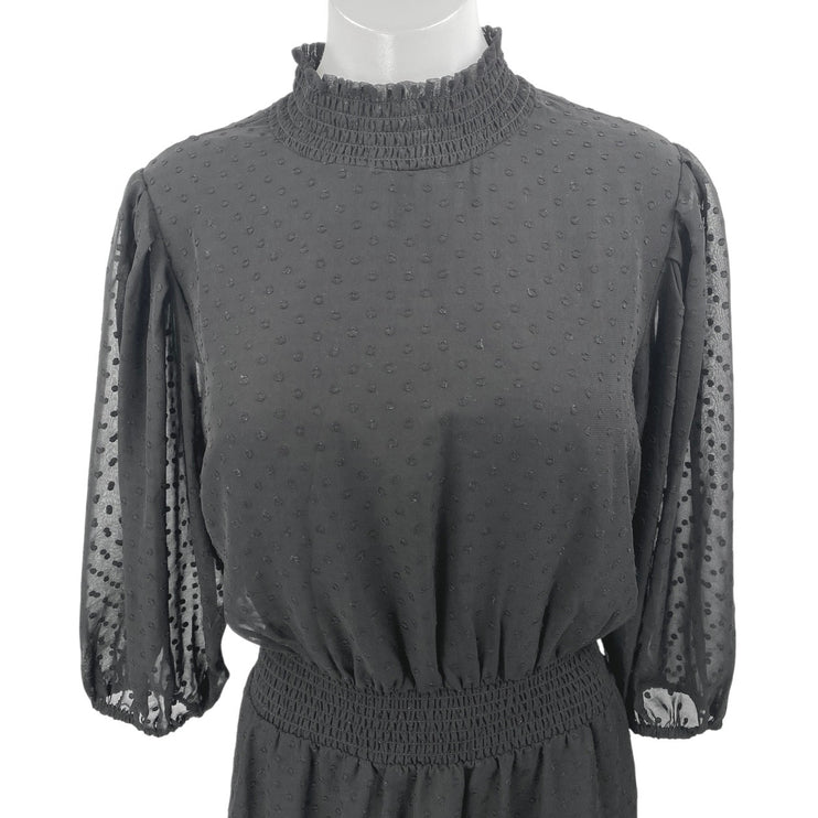 Nanette Lepore Black Half Sleeve Swiss Dot Mock Neck Fit & Flare Maxi Dress 10