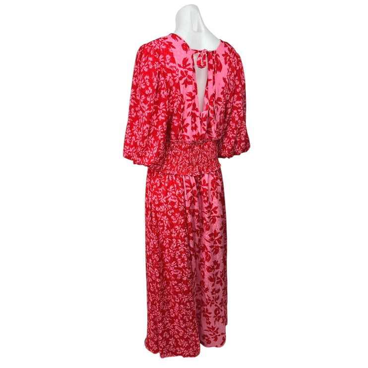 Taylor Pink Red Floral Chiffon V-neck Smocked Waist Midi Maxi A-Line Dress 14