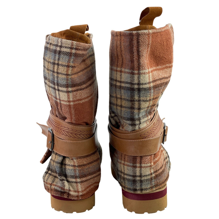 MUK LUKS Slope Nikki Women's Brown Faux Suede Plaid Sweater Collar Flat Boots 9