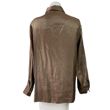 NEW Zara Womens Brown Silky Satin Long Sleeve Button Down Shirt Blouse Top Sz XL