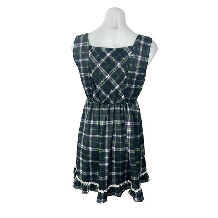 Juan Juan Green Plaid Check Lace Trim Ruffled Mini Tank Flare A-Line Dress S/M