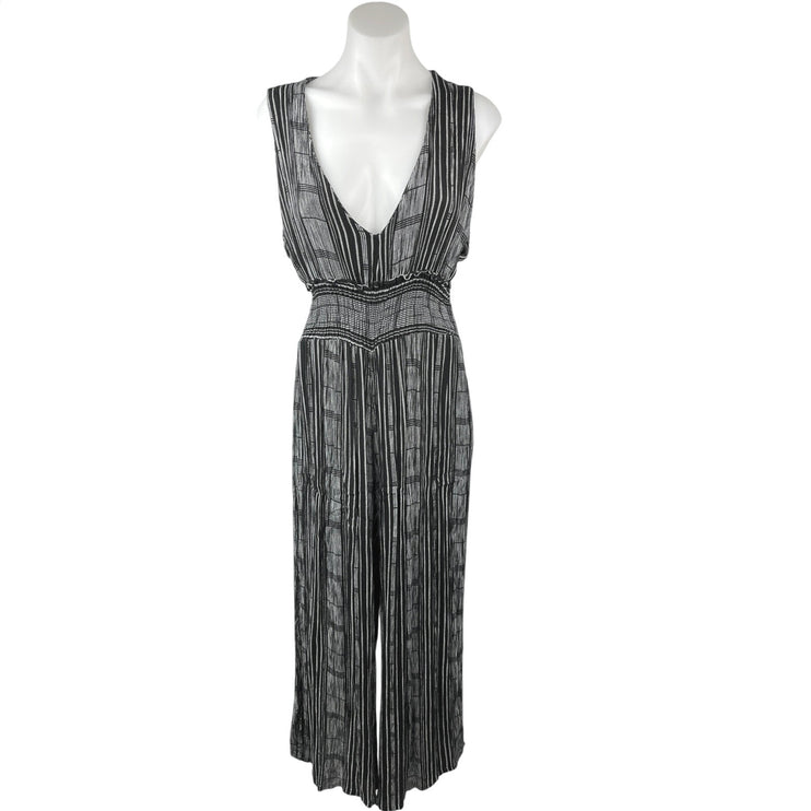 Ecote Black White Striped Sleeveless Plunge V Smocked Wide Leg Jumpsuit Size M