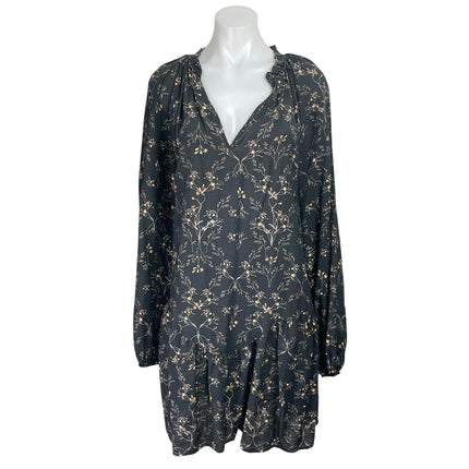 H&M Women Black Floral Ruffle V Neck Pleated Long Sleeve Mini Swing Dress Size L