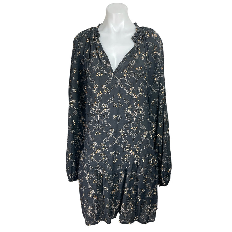 H&M Women Black Floral Ruffle V Neck Pleated Long Sleeve Mini Swing Dress Size L