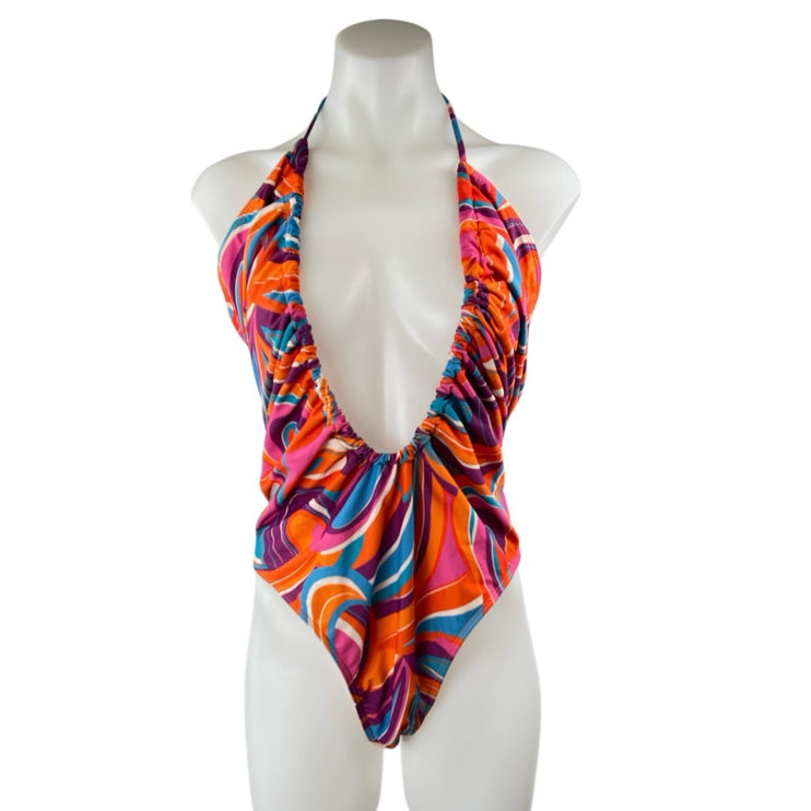 NEW PrettyLittleThing Multicolor Printed Ruched Scoop Neck One Piece Swimsuit 16
