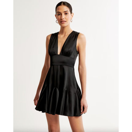 Abercrombie & Fitch Black Silk Satin Plunge Sleeveless Fit & Flare Mini Dress L