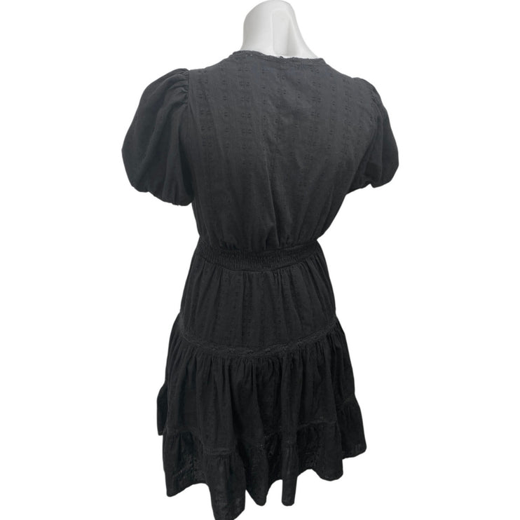 Zara Black Embroidered V-Neck Short Puff Sleeve Tiered Mini Fit & Flare Dress XS