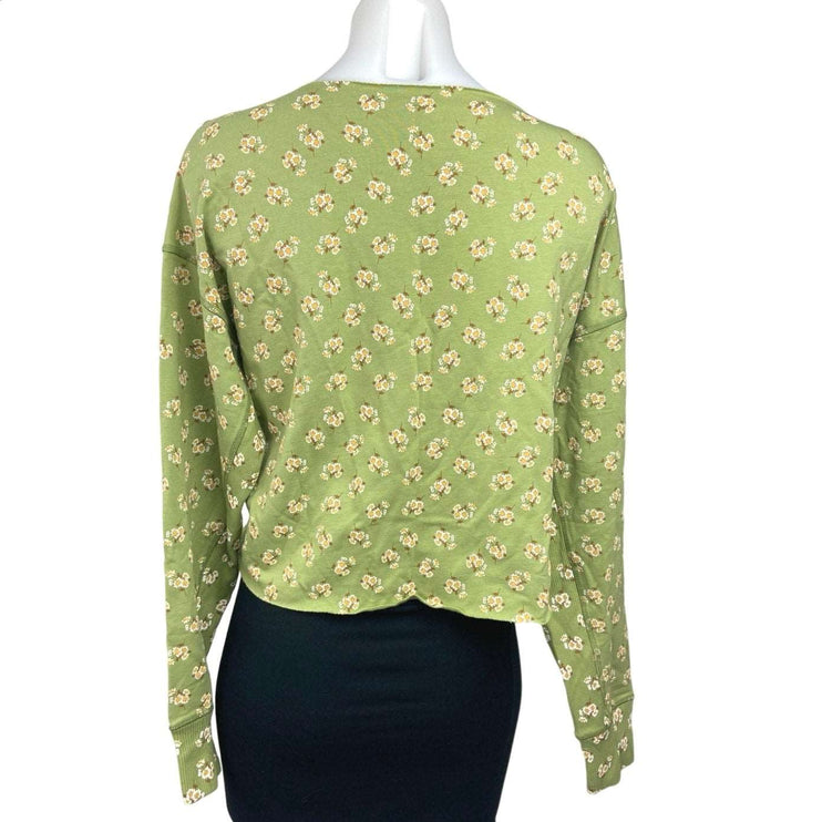 Aerie Offline Green Floral Printed Rib Inset Fleece Long Sleeve Pullover Top S