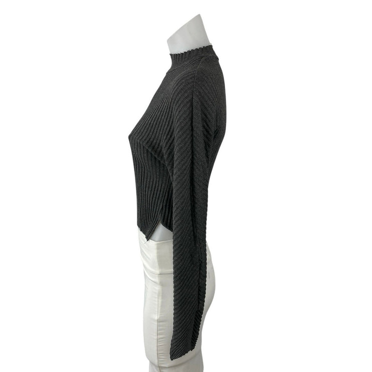 Cale Gray Ribbed Mock Neck Long Sleeve Side Slit Crop Sweatshirt Sweater Top S
