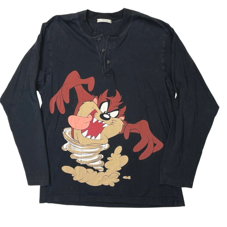 VINTAGE 90’s Marks & Spencer Black Looney Tunes Tasmanian Devil Taz Henley Top S