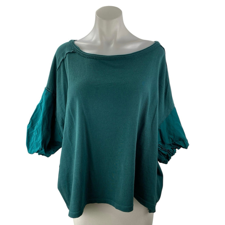 Free People Blossom Blue Green Puff Sleeve Drop Shoulkder Tee Blouse Top Size M