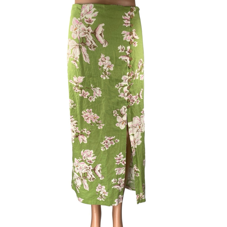 Zara Women's Green Linen Floral Buttons Slit Midi Maxi Straight Pencil Skirt S