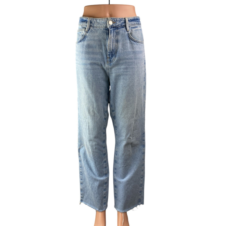 Zara Blue Light Wash High Rise Frayed Hem Straight Wide leg Denim Jeans Pants 8