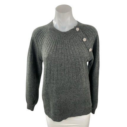 Loft Gray Wool Crew Neck Long Sleeve Button Shoulder Sweatshirt Sweater Top Sz S