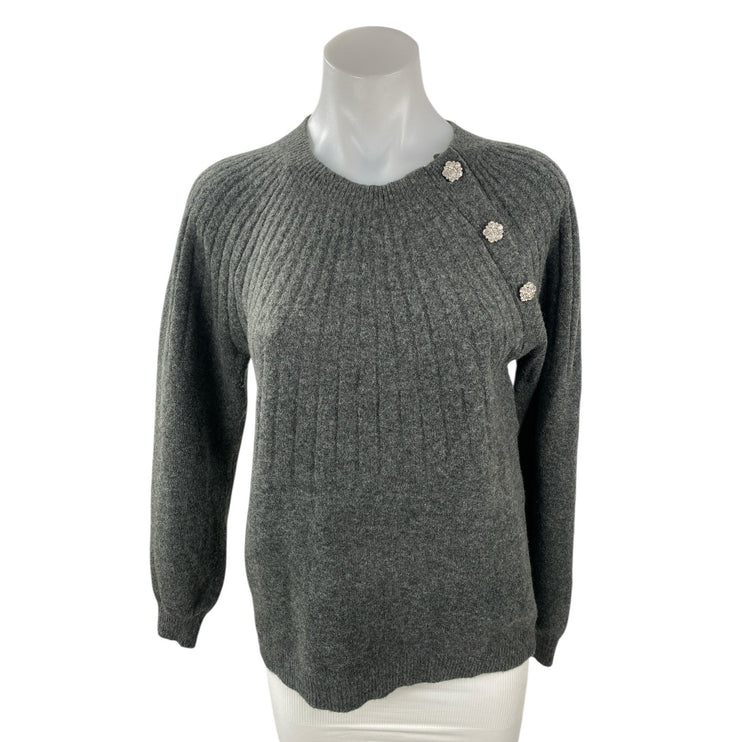 Loft Gray Wool Crew Neck Long Sleeve Button Shoulder Sweatshirt Sweater Top Sz S