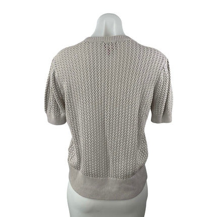 Muse Women's Gray Crochet Knit Crewneck Short Puff Sleeve Crop Sweater Top Sz M