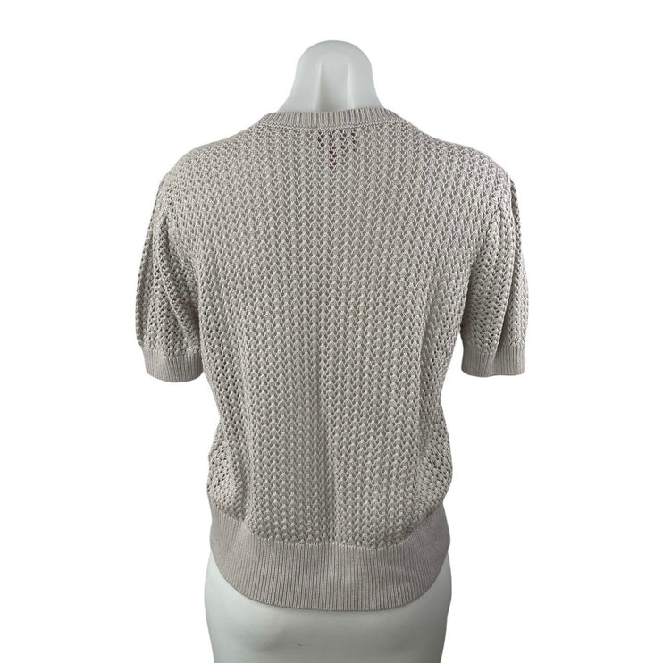 Muse Women's Gray Crochet Knit Crewneck Short Puff Sleeve Crop Sweater Top Sz M