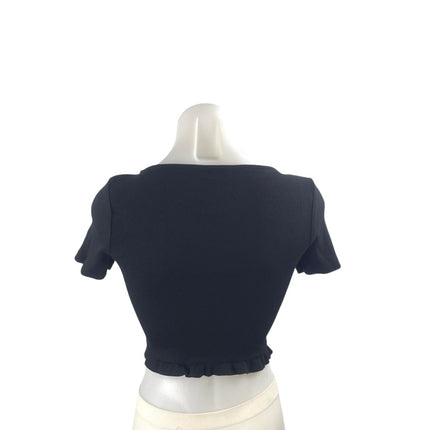 Zara Black Ribbed Ruched Ruffle Short Sleeve Crop Tee Basic T-Shirt Blouse Top M