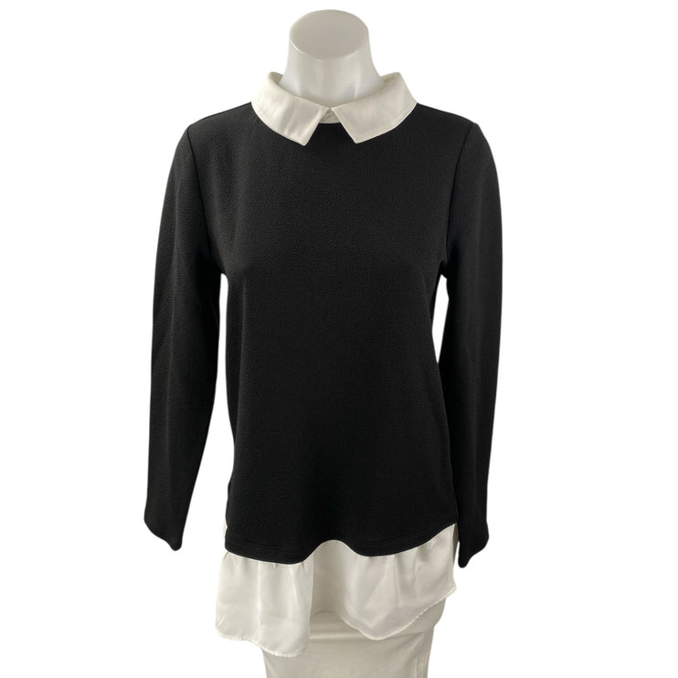 Adrianna Papell Women's Black Collared Layered Long Sleeve Tunic Blouse Top Sz S