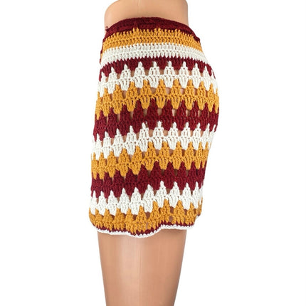 Women's Red Multicolor Striped Crochet Knit High Rise Boho Mini Shorts Size L