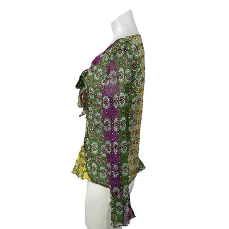 Zara Women's Multicolor Long Sleeves Patchwork Sheer Tie Front Blouse Top Size M