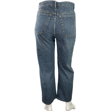 Zara Women's Blue Rhinestone Embellished Straight Wide Leg Denim Jeans Pants 12