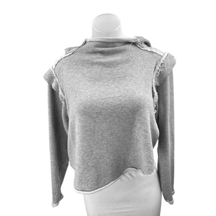 Free People Women's Gray Distressed Long Sleeve Hooded Hoodie Crop Sweatshirt M