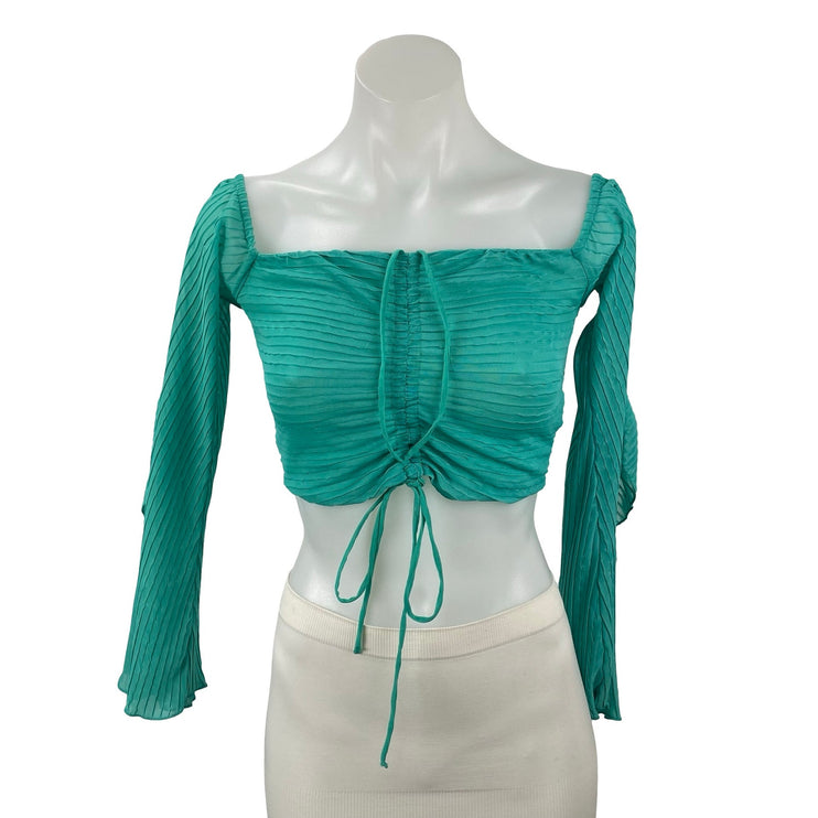 Zara Women's Green Teal Long Sleeve Pleated Tie Ruched Blouse Crop Top Size M