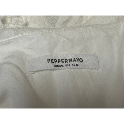 Peppermayo White Long Sleeve Tie Knot Collared Ruffle Peplum Blouse Top Size 8