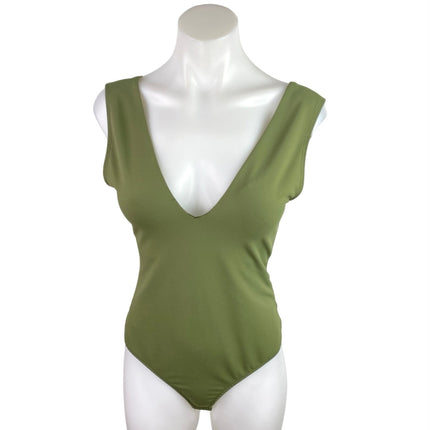 Free People Keep It Sleek Green Sleeveless Plunge V-Neck  Bodysuit Tank Top OS