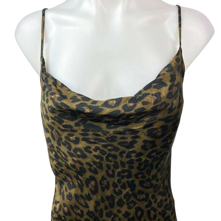 Zara Tan Black Silk Satin Leopard Cowl Neck Cami Slip Midi Dress Size XS