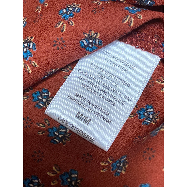 Pleione Women's Red Floral Drop Sleeve Pleated Back Notch Neck Blouse Top Size M