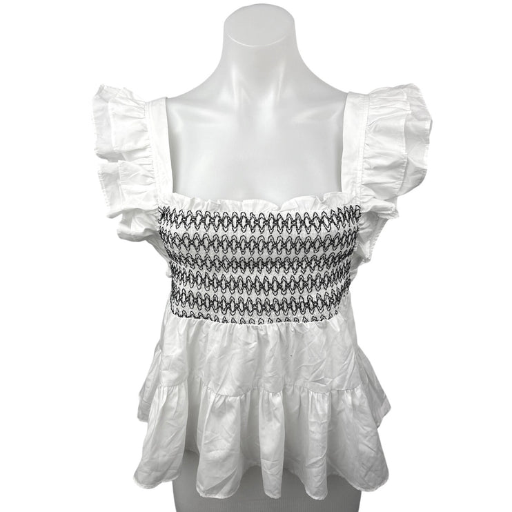 En Saison White Black Boho Smocked Tiered Ruffle Peplum Blouse Top Size L