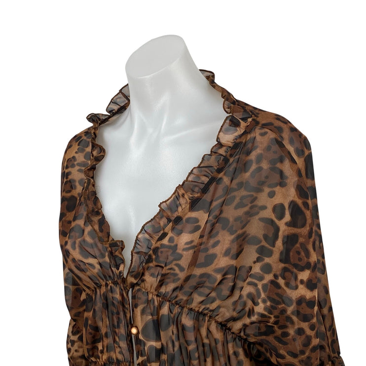 Sndys Women's Tan Brown Leopard Animal Print Ruffle Peplum Blouse Top Size 4