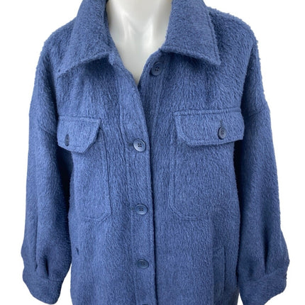 Treasure & Bond Women's Blue Wool Faux Fur Button Down Shacket Shirt Jacket Sz M