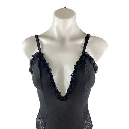 We are HAH Black Lace Trim Ruffled V Neck Sleeveless One Piece Bodysuit Top Sz S