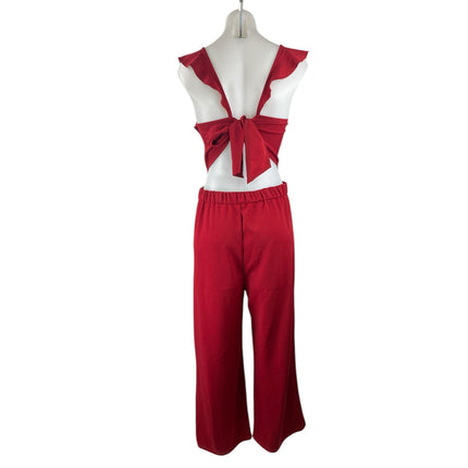 NEW PrettyGarden Red Sleeveless Ruffle Cutout Tie Back Wide Leg Jumpsuit Size M