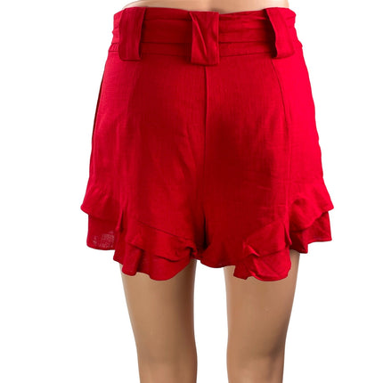 Chriselle JOA Women's Red High Waisted Belted Ruffle Tiered Mini Shorts Size XS